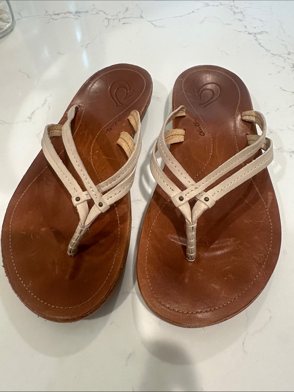 OluKai Women's Brown Leather Sandals with Cream Straps - Picture 4 of 7